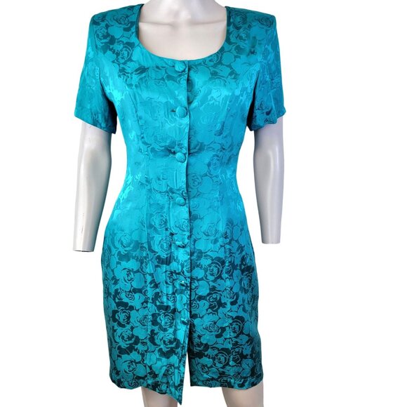 Vintage 80s 100% Silk Dress Women Small 5 6 Colorful Blue Floral Party Work Soft - Picture 1 of 16